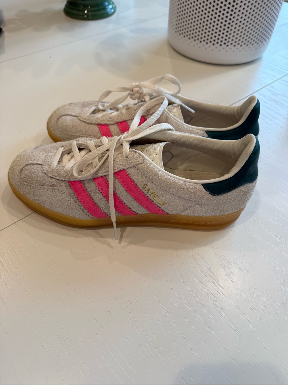adidas Gazelle Sneakers - White with Pink Stripes and Dark Green Heel